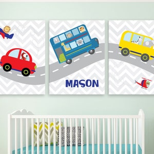Animals Transportation Nursery Wall Art, Safari Animal Prints, Boys Car Theme Nursery, Car, Bus, Nursery Canvas, Baby Animal Nursery Art