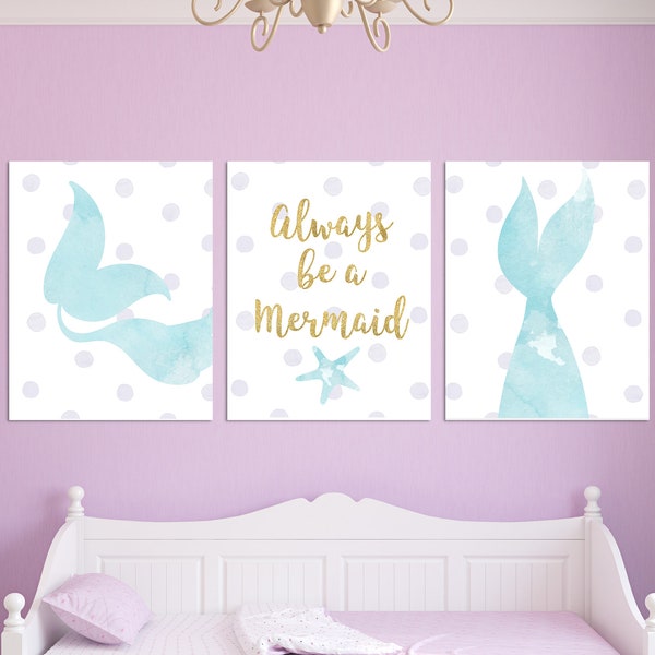 Girl's Mermaid Wall Art, Watercolor Mermaid Prints, Mermaid Nursery Decor, Personalized Mermaid Printables, Mermaid Canvas Set