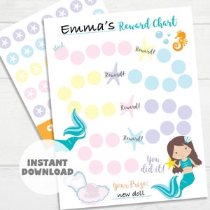Printable Mermaid Reward Chart, Girl&#39;s Sticker Chart, Instant Download Reward Chart, Toddler Reward Chart, Potty Training Chart, Mermaids