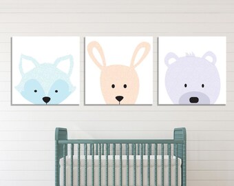 Woodland Nursery Wall Art, Woodland Canvas, Woodland Theme, Woodland Canvas Art, Modern Nursery, Bear Nursery Art, Fox Nursery, Cute Bunny