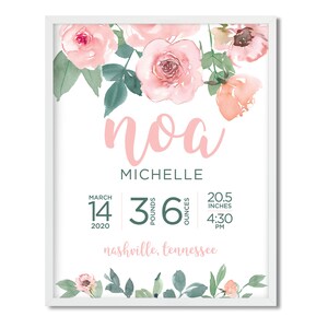 Blush Pink Birth Stats Nursery Decor for Baby Girl, Girl Floral Birth Announcement, Blush Nursery Art, Birth Stats Print, Girl Nursery Decor