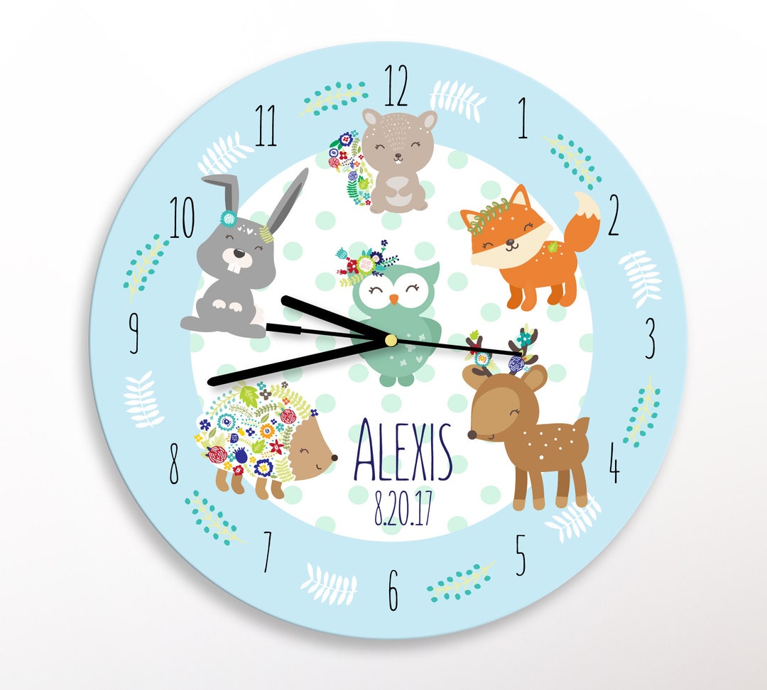 Kids Woodland Wall Clock Woodland Animal Clock Personalized Etsy
