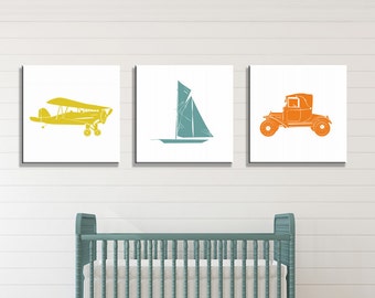 Vintage Transportation Nursery Prints, Airplane, Car, Boat (Set of 3)