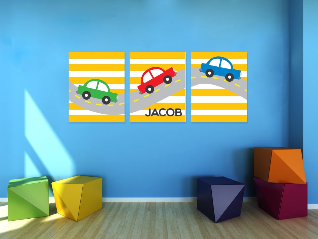 Boys Cute Cars Wall Art, Set of 3 Personalized Nursery Prints Canvas or