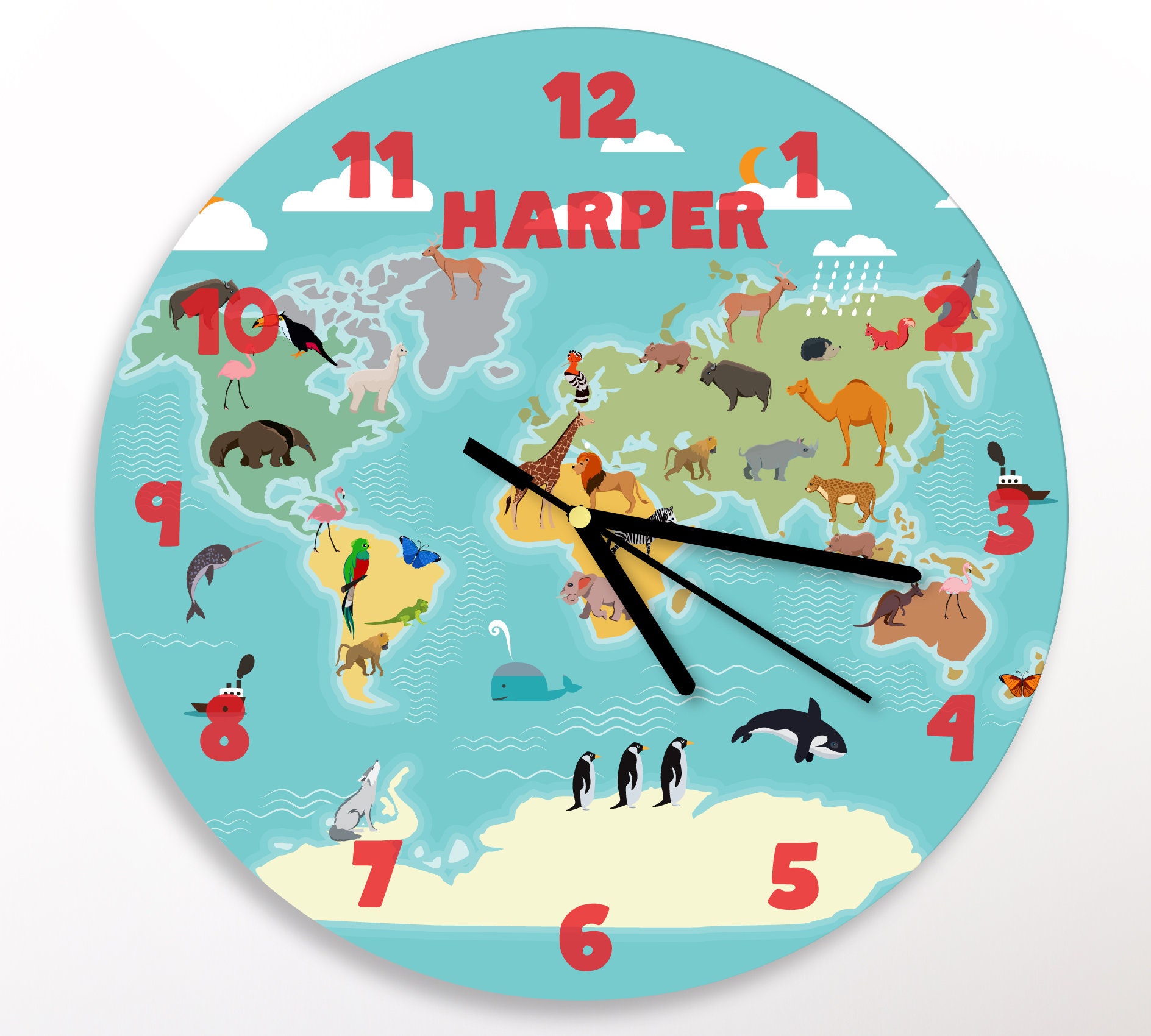 Kid's World Map of Animals Clock Map Wall Clock Kids Map Etsy Israel