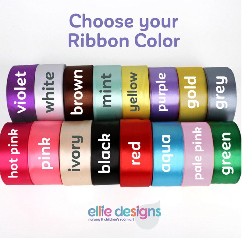 May include: A display of satin ribbons in a range of colours: violet, white, brown, mint, yellow, purple, gold, and grey. Other colours include hot pink, pink, ivory, black, red, aqua, pale pink, and green. Text reads "Choose your Ribbon Color."