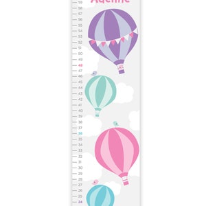 May include: A height chart featuring a series of colorful hot air balloons in shades of purple, teal, and pink, with a measurement scale up to 60 inches. The name "Adeline" is printed at the top.