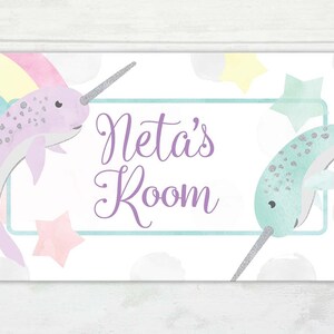 Narwhal Door Sign, Girl&#39;s Door Sign, Kid&#39;s Name Sign, Rainbow Door Sign, Girl&#39;s Rainbow Nursery Decor, Narwhal Nursery Decor