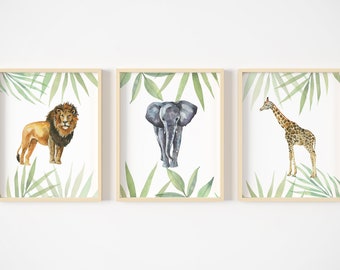 Watercolor Safari Animal Prints, Safari Nursery Art, Animal Nursery Decor, Kids Room Wall Art, Lion, Elephant, Zebra