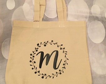 Personalized Tote Bag with Wreath; Initial Tote Bag