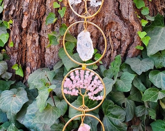 18" Crystal Tree and Raw Stone Wall Decor in Gold - Amethyst (Calming), Rose Quartz (Unconditional Love), Clear Quartz (Cleanse & Magnify)