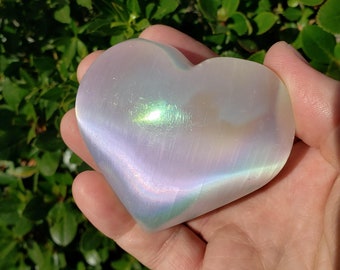 Flashy Aura Selenite Heart - Tranquility, Blessings, Love & Light - Satin Spar Selenite Heart Carving Healing Stone