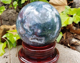 Big Moss Agate Sphere with Rotating Wood Stand - Grounding, Reflection, New Beginnings - 4.25" Large Moss Agate Crystal Ball Healing Crystal