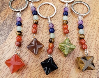 Merkaba Chakra Keychain - Unakite, Carnelian, Obsidian, Orca Agate, Tigers Eye - Crystal Key Fob Rainbow Healing Crystals