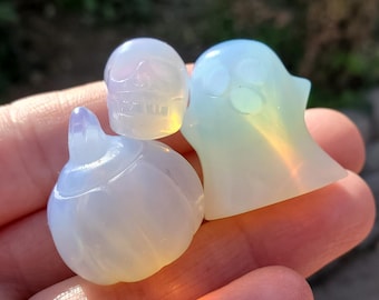 Mini Opalite Halloween Trio - Confidence, Boost Inner Power, Stabilizing - Crystal Pumpkin, Ghost & Skull Carving Halloween Set