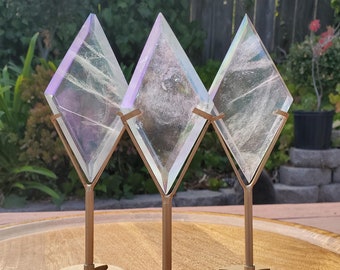 Aura Quartz Diamond with Stand - Counteracts Negative, Energizes Positive Energy - Angel Aura Quartz Crystal Diamond Healing Gemstone