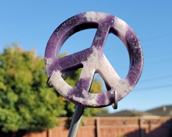 Lepidolite Peace Sign on Silver Stand - Transitions, Stress Relief, Calming - Purple Peace & Love Crystal Display Healing Stone