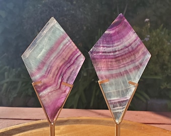 Rainbow Fluorite Diamond on Stand - Mental Concentration, Energetic Protection, Positivity - Crystal Diamond Healing Gemstone Statement