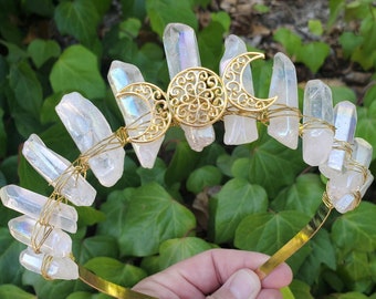Aura Quartz Crown with Gold Moon Phase - Counteracts Negative, Energizes Positive Energy - Quartz Goddess Crown