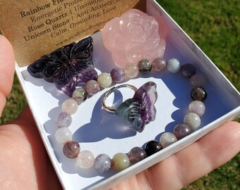 Butterfly & Rose Gift Set - Fluorite Butterfly and Ring + Rose Quartz Rose + Unicorn Bracelet - Clarity, Grounding, Love, Protection