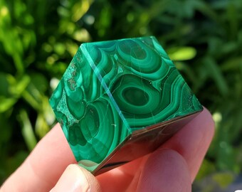 Malachite Cube with Cut Corner to Stand - Protection, Blocks EMF, Absorbs Negativity, Encourages Positive Change - Crystal Square Gemstone