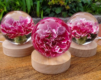 Pink Carnation Resin Sphere with Light Base | Handmade Resin Craft with Real Carnation Inside - Home Décor Night Light, Accent Lighting