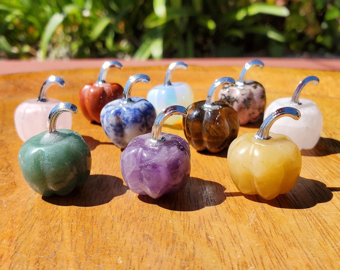 Featured listing image: 10pc Mini Pumpkin Halloween Set - Yellow Jade, Amethyst, Rose Quartz, Opalite, Jasper, etc - Cute Little Pumpkin Decoration for Halloween