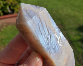 Blue & Gold Flashy Moonstone Tower - Uplifting, Raises Vibration, Feminine Energy, Empowering - Flashy Crystal Point Healing Point Gemstone