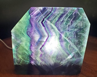 Rainbow Fluorite Slab & Charging Plate with Light - Mental Concentration, Energetic Protection, Positivity - Raw Edge Crystal Display Stand