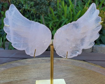 Light Rose Quartz Angel Wings with Stand: Gold or Silver - Unconditional Love, Compassion, Understanding - Pink Crystal Wings Set