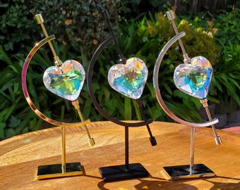 Faceted Heart Suncatcher with Metal Moon Stand - Light Reflecting Glass Heart - Vanity Desk Office Home Decor Rainbow Light Catcher