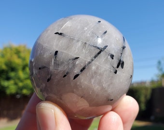 Tourmaline Quartz Sphere - Magnification, Clarity, EMF Protection - Tourmalated Quartz Crystal Ball Healing Crystals Gemstones