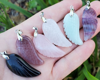 Angel Wing Pendant with Black Cord - Rainbow Fluorite, Rose Quartz, Strawberry Quartz, Caribbean Calcite, Obsidian Adjustable Necklace