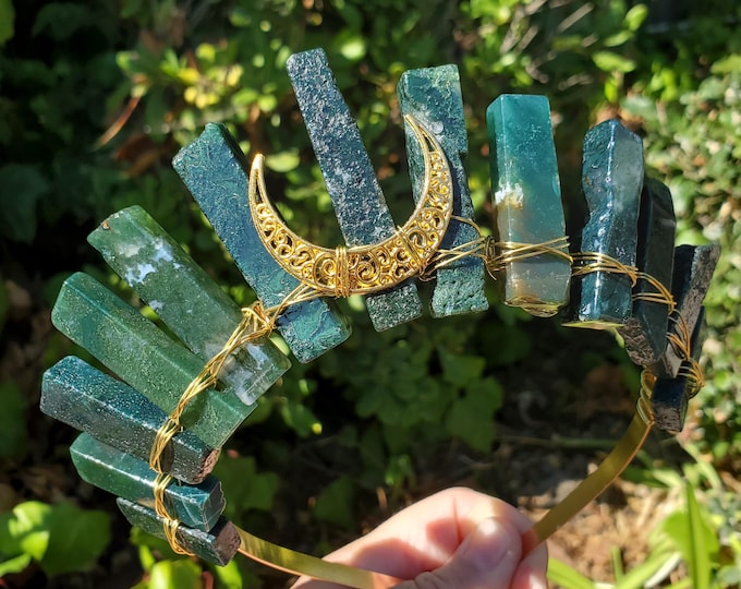 Featured listing image: Moss Agate Crown with Moon Phase - Grounding, Reflection, New Beginnings - Green Goddess Crystal Moon Healing Crystal Gemstone Headpiece