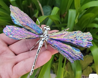 Aura Kyanite Dragonfly on Metal Body - Calming, Clarity, Connection, Communication, Balances Chakras - Kyanite Crystal Dragonfly Statement