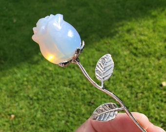Small Pink Opalite Rose on Stem - Confidence, Boost Inner Power, Stabilizing - Cute Crystal Rose Healing Stone Crystals Gemstone