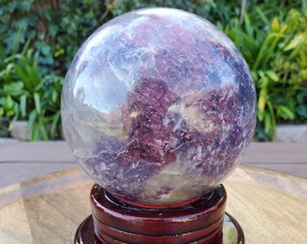 4.5" Unicorn Sphere + Rotating Wood Stand - Calm, Emotional Healing, Grounding - Pink Tourmaline, Lepidolite, Smokey Quartz, Cleavelandite
