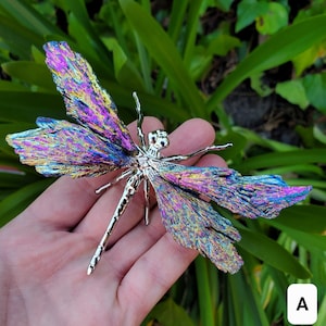 Aura Kyanite Dragonfly on Metal Body - Calming, Clarity, Connection, Communication, Balances Chakras - Kyanite Crystal Dragonfly Statement