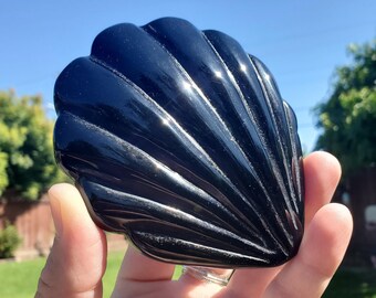 Obsidian Seashell Mirror - Self Reflection, Release Negative Energies - Black Mirror Carving Crystal Decor for Makeup Vanity or Bathroom