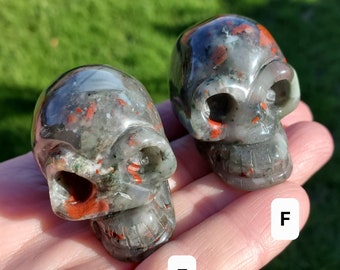 African Bloodstone Skull - Calming, Grounding, Persistence, Courage - 2" Black and Red Crystal Skull Carving Healing Gemstone