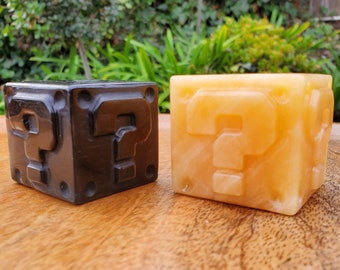 Obsidian Question Block or Orange Calcite Cube - Self Reflection, Release Negative Energies, Confidence, Self Esteem - Crystal Cube
