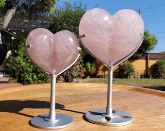 Cute Puffy Rose Quartz Heart on Silver Stand - Unconditional Love, Compassion, Kindness, Self Love - Pink Heart Crystal Healing Statement