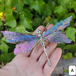 Aura Kyanite Dragonfly on Metal Body - Calming, Clarity, Connection, Communication, Balances Chakras - Kyanite Crystal Dragonfly Statement