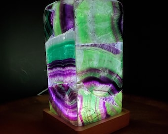 Square Rainbow Fluorite Lamp - Mental Clarity, Stability, Energetic Protection - 7" Accent Light Mood Lighting Crystal Lamp