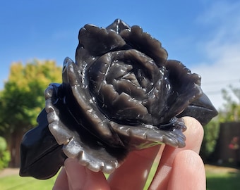 Gold & Silver Sheen Obsidian Rose - Self Reflection, Release Negative Energies - Flashy Black Crystal Flower Healing Gemstones