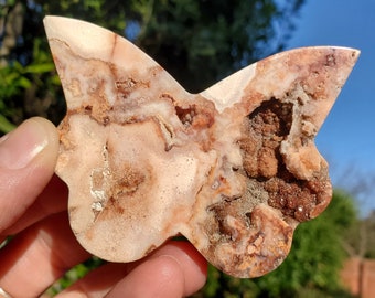 Pink Lace Agate Butterfly with Druzy - Balance of the Physical, Mental, Emotional - Pink Agate Crystal Butterfly Carving
