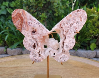 Pink Lace Agate Butterfly on Stand - Balance of the Physical, Mental & Emotional - Pink Agate Crystal Butterfly Healing Gemstone