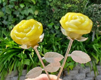 Lemon Jade Long Stem Rose - Joy, Happiness, Prosperity, Personal Power - Jade Flower Carving Crystal Rose Bud with Silver Metal Stem