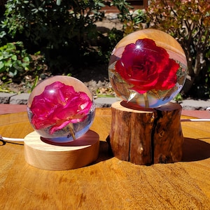 Rose Accent Light with Wooden Stand | Handmade Resin Craft with Real Rose Inside - Home Décor Night Light Beautiful Flower Gift Mood Lamp