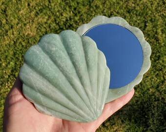 Amazonite Shell Mirror - Calming, Courage, Truth, Compassion - Amazonite Crystal Mirror for Vanity, Bathroom Decor Healing Gemstones